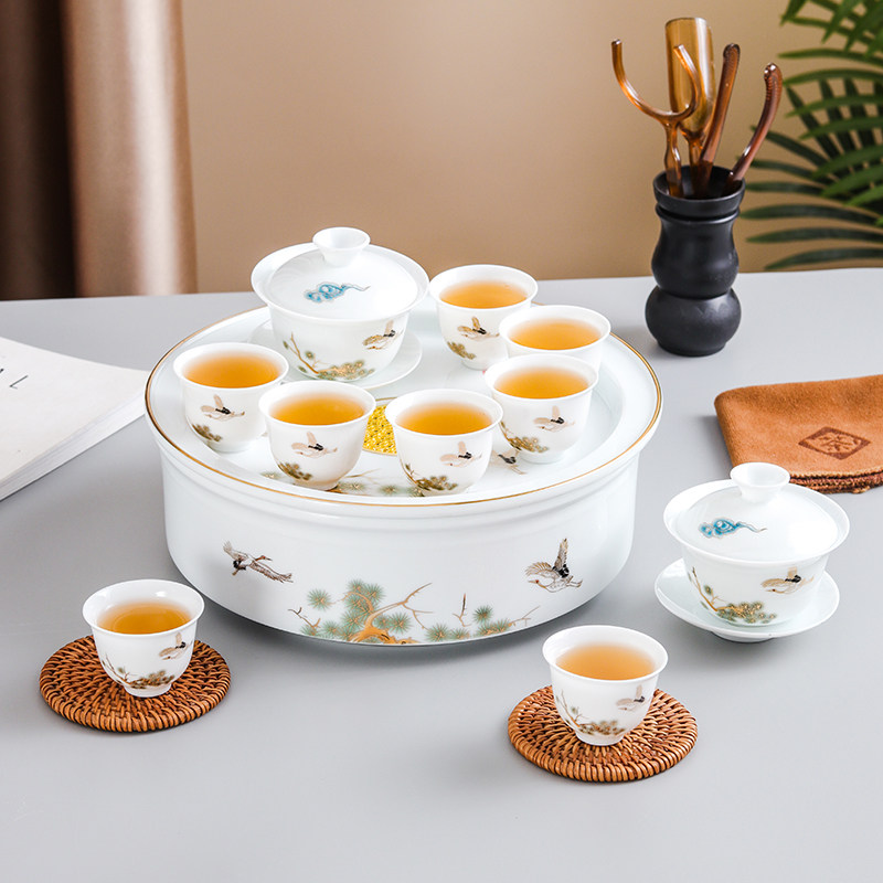 Shea Butter Jade Tea Set Tea Tray Suit Home Living Room Small Sleeve White Porcelain Kung Fu Tea Tea Tea Cup Cover Bowl Teacup Package of Courtesy Kit-Taobao