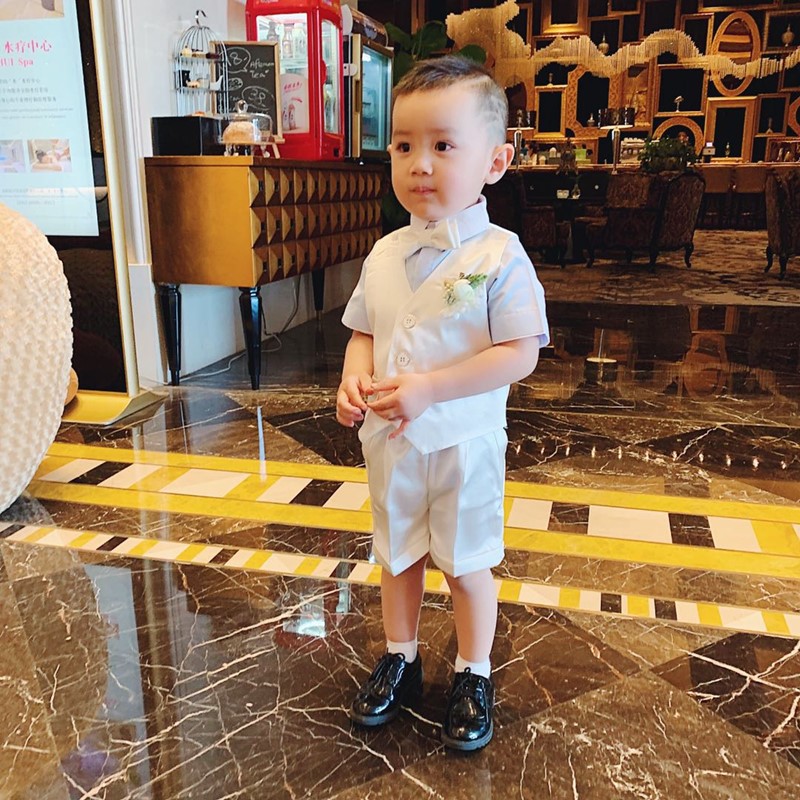 Tete family boy flower girl small suit summer white satin short-sleeved shorts boy baby one-year-old handsome dress