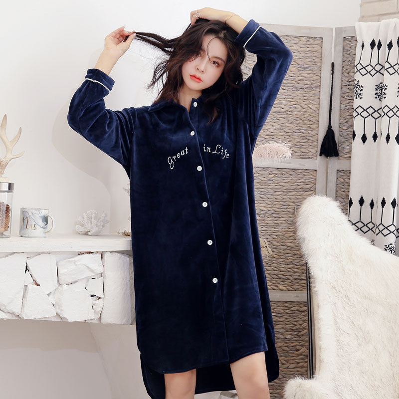 Sleeping Skirt Woman Spring Autumn Winter Long Version Sexy Coral Suede Sweet And Cute Thickened Flannel Loose large size pyjamas dress