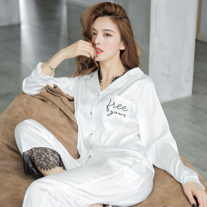 2022 new pop sleepwear women's spring autumn season ice silk long sleeve sexy wave sweet and sweet girl real silk home suit suit