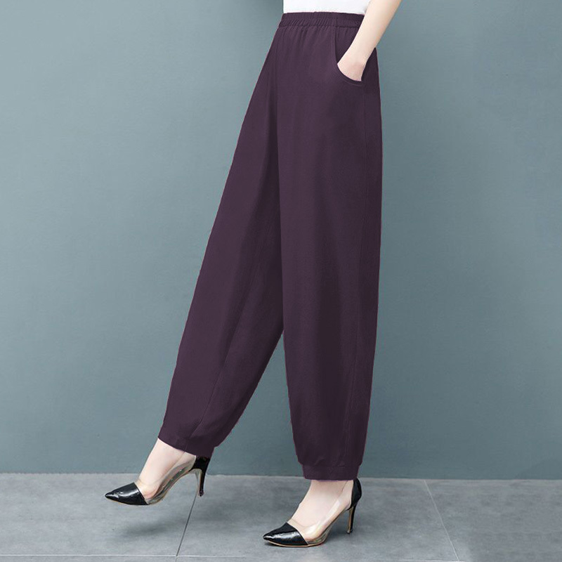 Women's New Cotton Silk Plus-Size Casual Pants, Loose Solid Color Dance Elastic Waist Carrot Pants for Square Dance, Summer Women's New Cotton Silk Plus-Size Casual Pants, Loose Solid Color Dance Elastic Waist Carrot Pants for Square Dance, Summer