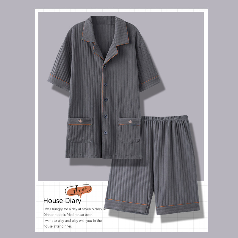Pajamas men summer cotton short-sleeved shorts two-piece set simple casual can be worn out cardigan oversized loungewear