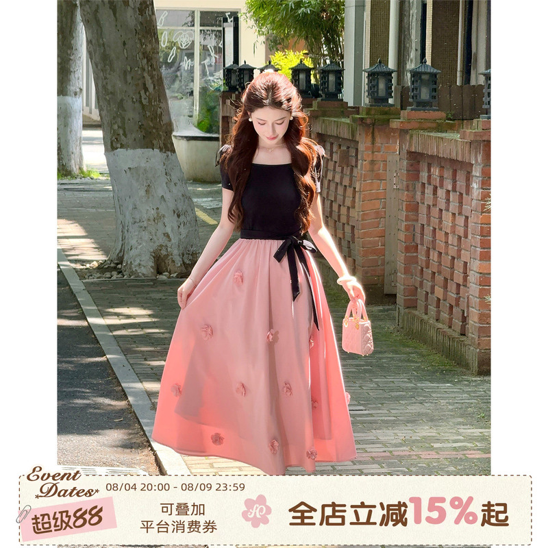 Lili Lili's Home [Black Fan Monet] French-Style Design Three-Dimensional Floral Long Dress with Patchwork Waist-Cinching Dress for Women