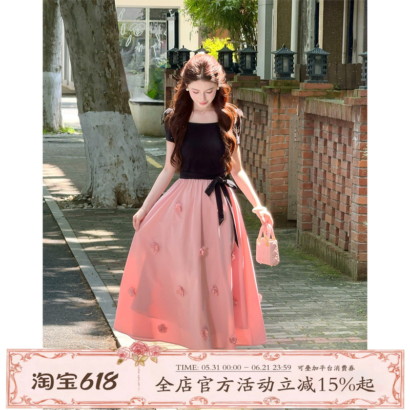 Lili Lili's Home [Black Fan Monet] French-Style Design Three-Dimensional Floral Long Dress with Patchwork Waist-Cinching Dress for Women
