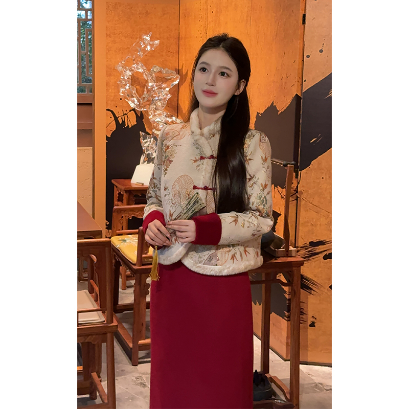 Lili Li Li's Home [Hongzhao Yuan] 2025 Winter New Chinese Style Jacquard down Jacket and Woolen Skirt Set