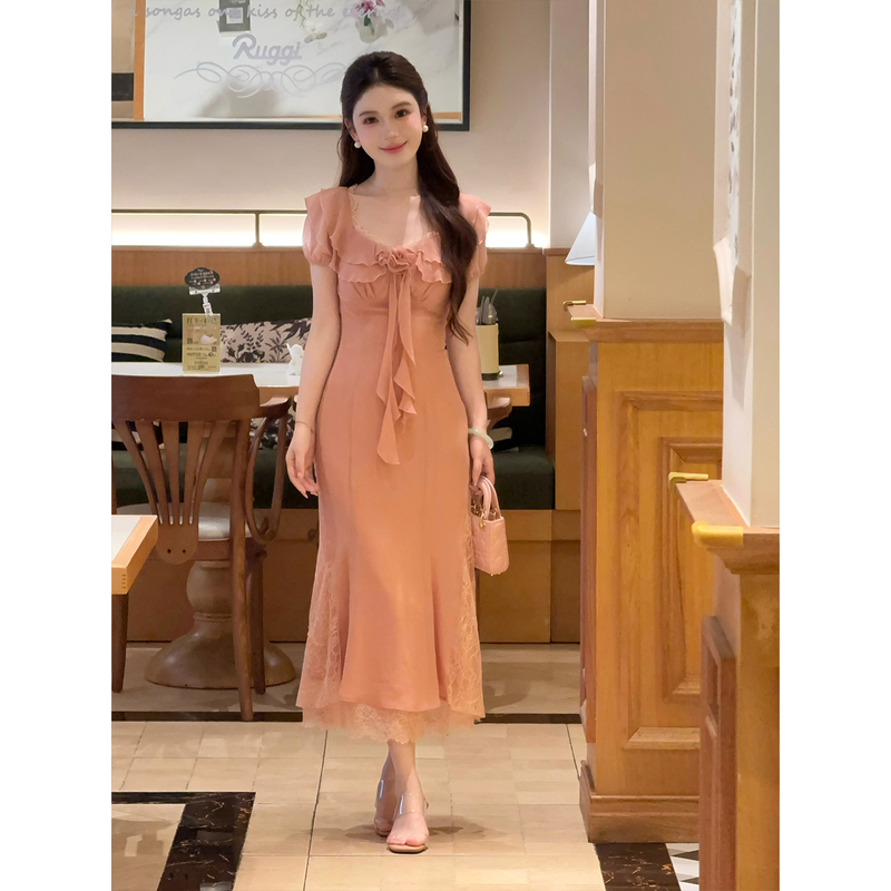 Lili Li Li【Peach Summer】French-Style Gentle and Pure Desire Dress with Ruffles, Slimming Fishtail Long Dress