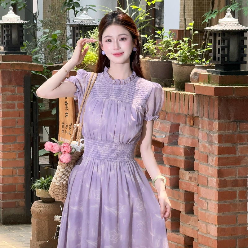 Lili Lili【Purple Mist Camellia】Korean-Style Atmospheric Beautiful Long Dress Purple Floral Waist-Cinching Dress for Women