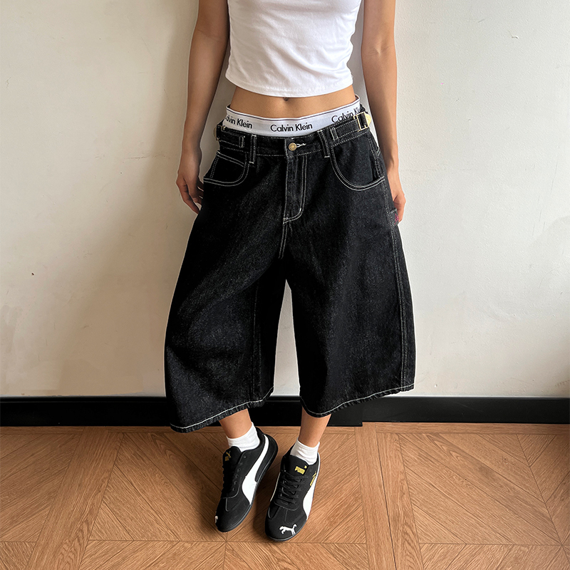 Breeze Cloth Pear American Retro Style Adjustable Waist Buckle Cropped Pants Slimming Loose Versatile Jeans