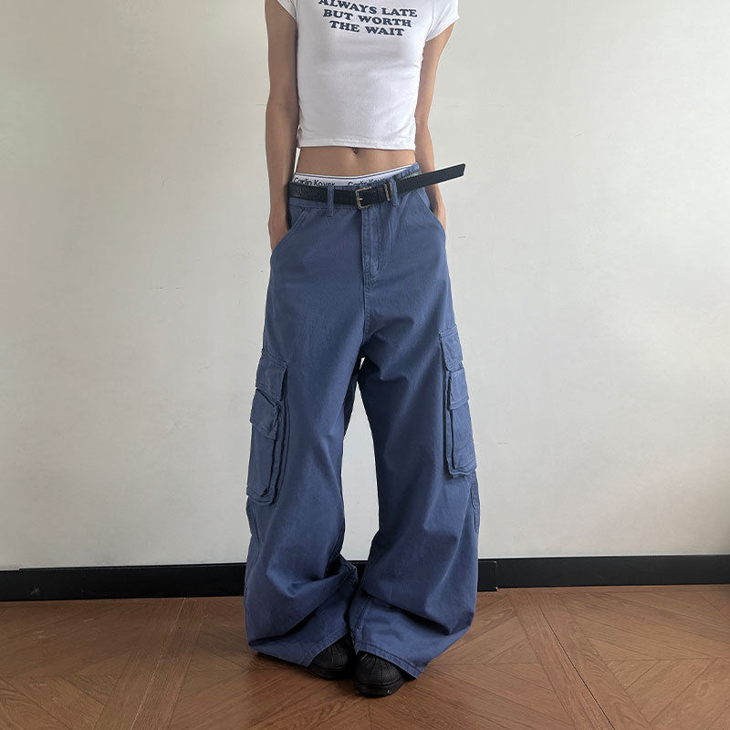 Breeze Retro Distressed French Blue Cargo Pants for Men and Women, Loose Straight-Leg Casual Work Pants for Women