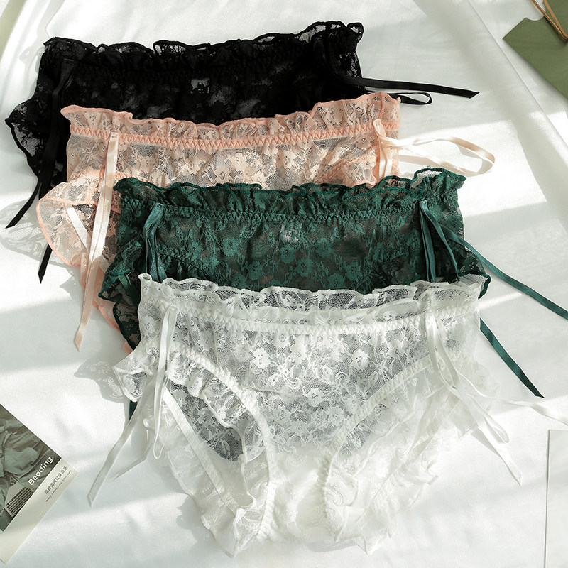 Ultra-thin lace underpants female pure color Girls' Day sweet and beautiful lotus leaf Side mid-waist Jane approximately comfortable and pro-skinny, fat mm triangle