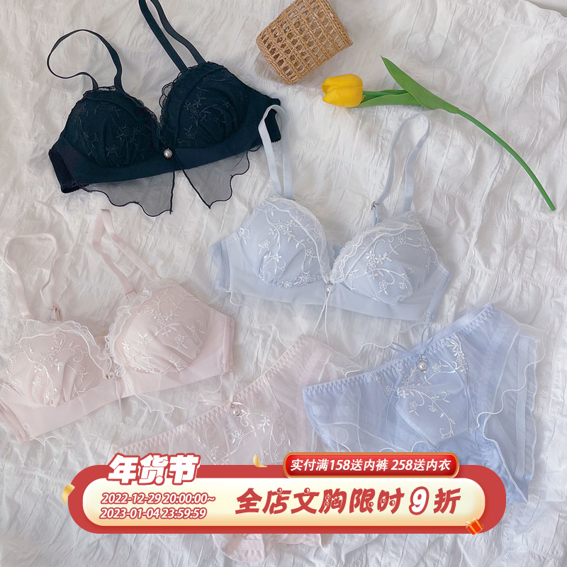 Japanese underwear girls embroidery printing sexy no steel ring bra set girls lace edge thin mold cup comfortable