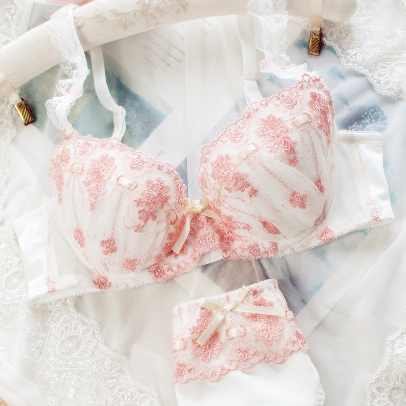 Japanese cute embroidered bra set girl sweet lace bow thin cup
