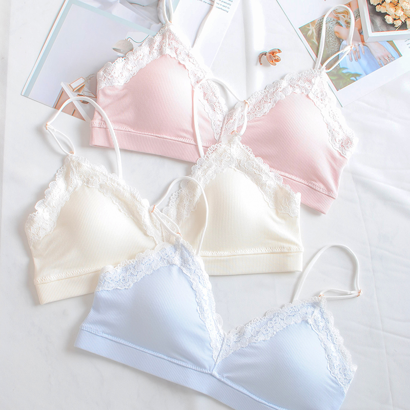 Japanese cute triangle cup type underwear set Sweet lace thread pure cotton comfortable small fresh bra panties