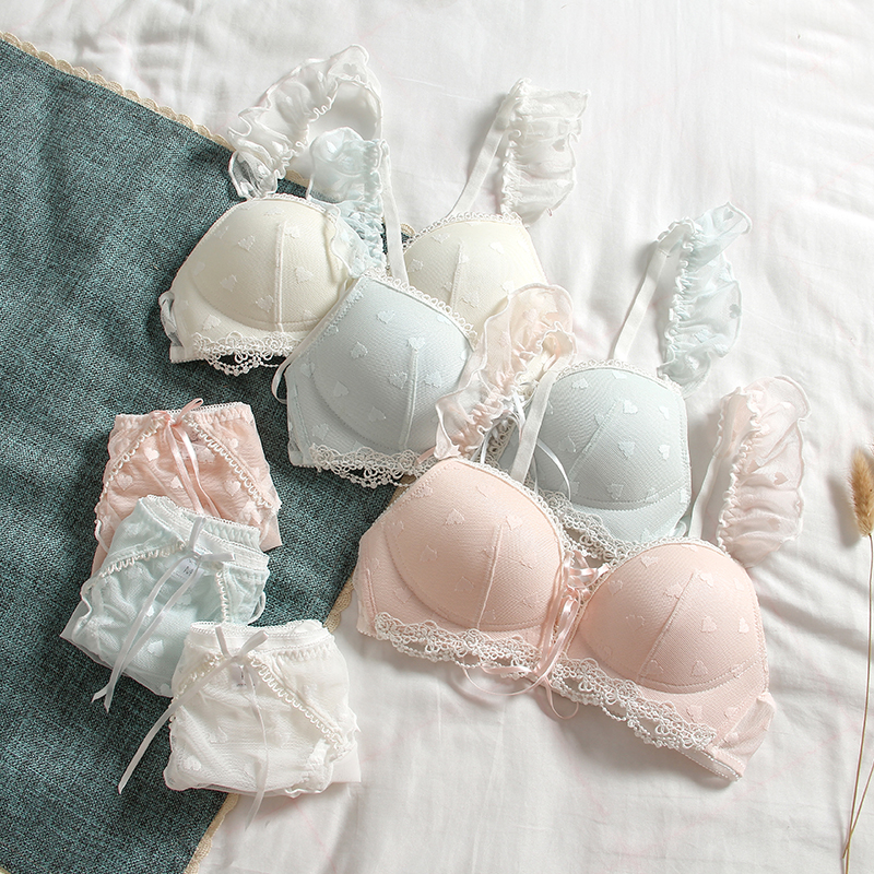 Student Teen Underwear Thin to gather up Bra No Steel Ring Sweet Beauty Lace Macaron Cute Lingerie Suit