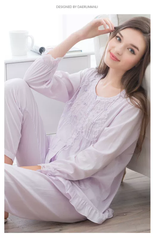 Bộ đồ ngủ dài tay Darli dành cho nữ mùa hè mỏng phần cotton giản dị phục vụ tại nhà quần dài Bộ đồ ngủ cotton hai mảnh - Bộ Pajama