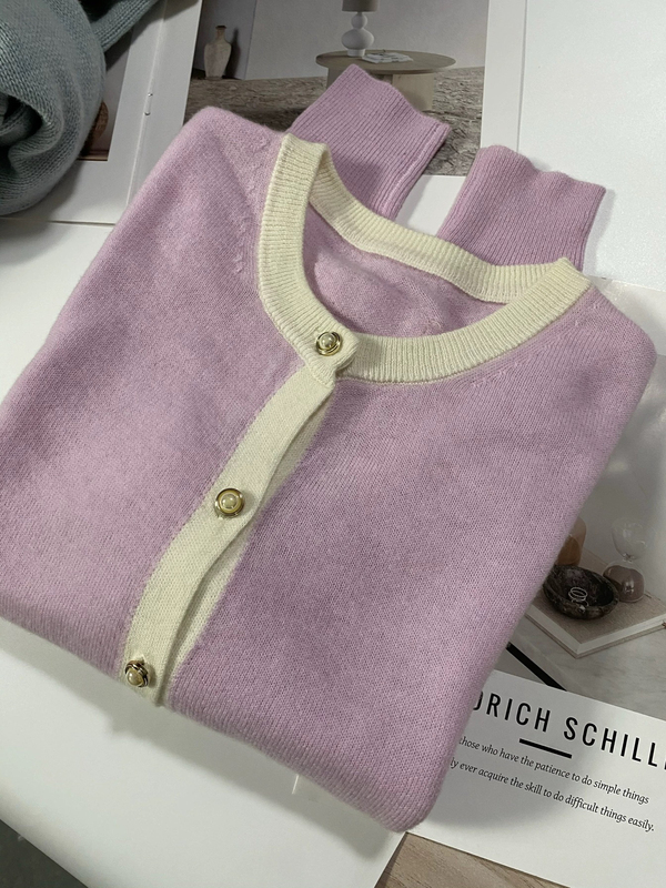 100% Pure Cashmere Knit Sweater for Women, Round Neck, Youthful and Age-Reducing Cardigan, Chanel Style