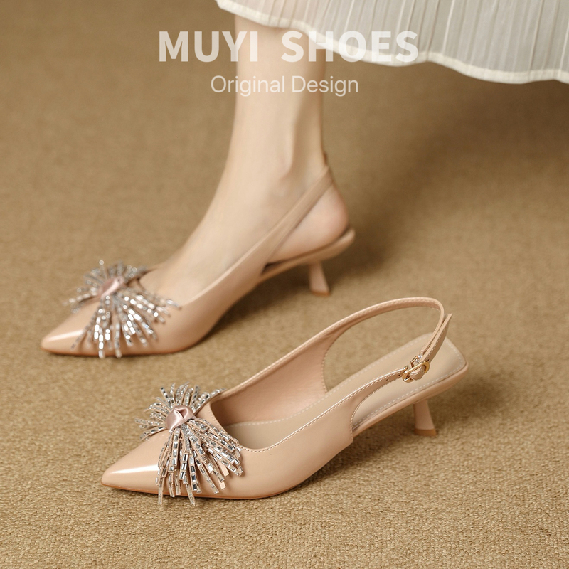 Rhinestone Fairy-Style French Pointed-Toe Stiletto Fashion Sandals for Women, New Summer Model, Elegant Patent Leather High Heels That Pair Well with Dresses