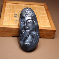 The dialect and Hetian jade from Xinjiang black and white blue and white seed material skillfully carved with a single thought enlightenment pendant N3