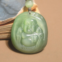 Dialect high-quality Hetian jade Russian old pit material characteristic duck egg blue and white cats eye jasper laughing Buddha pendant h7