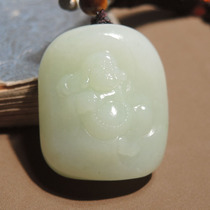 方言和田玉精品佩戴级俄罗斯老坑料细腻羊脂白玉带翠色笑佛吊坠h7