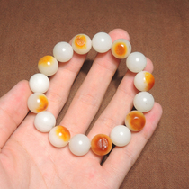 Hot dialect Hotan jade oily and delicate yellow skin white jade seed material 14mm fine jade bracelet bracelet h2