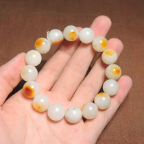 Hot dialect Hotan jade oily and delicate yellow skin white jade seed material 14mm fine jade bracelet bracelet h2