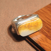 Stunned by dialect brand features Hetian jade mature oily autumn pear skin white jade seed material silver inlaid jade ring h0