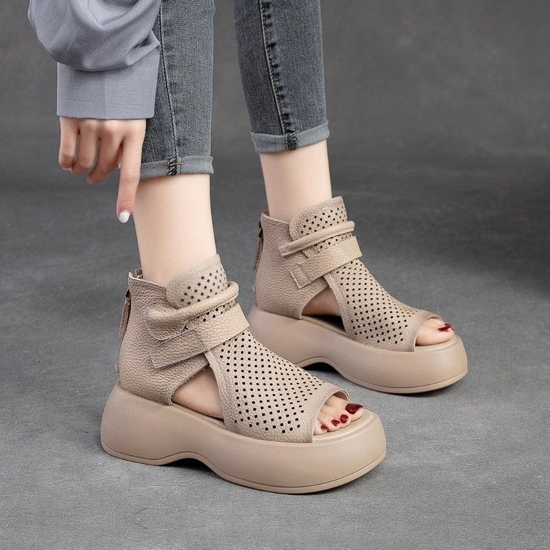 2026 Summer New Leather Breathable Hollow Hole Shoes Fashion Thick-soled Fish Mouth Sandals Women's High-heeled Roman Short Boots_voghion.com