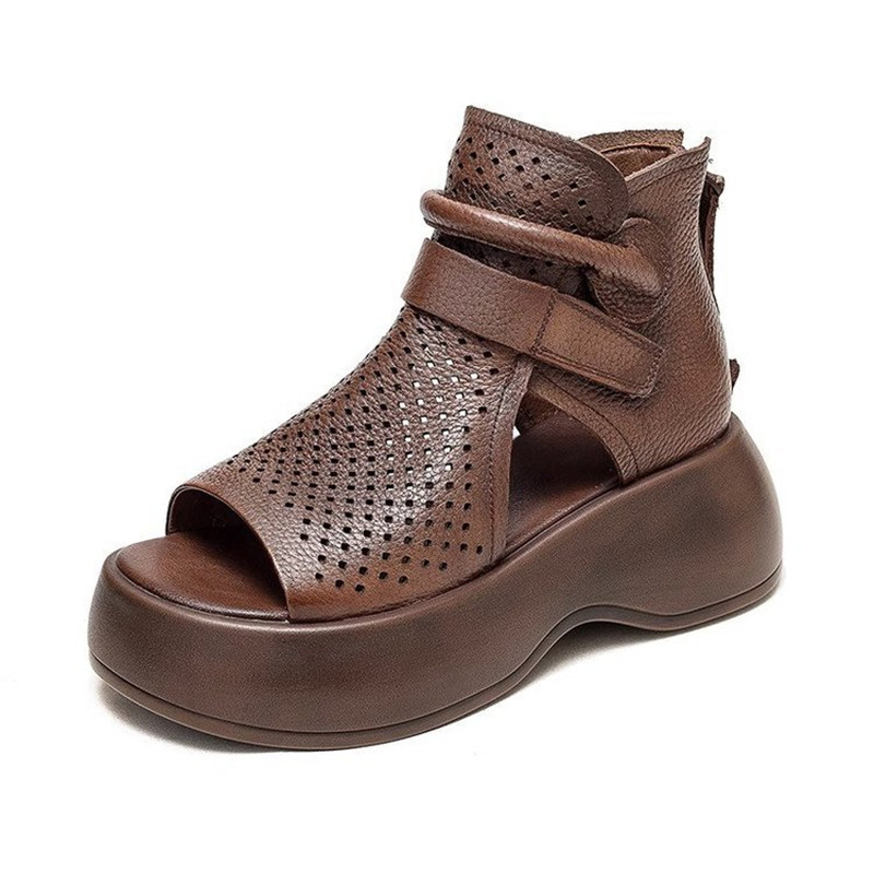 2026 Summer New Leather Breathable Hollow Hole Shoes Fashion Thick-soled Fish Mouth Sandals Women's High-heeled Roman Short Boots_voghion.com