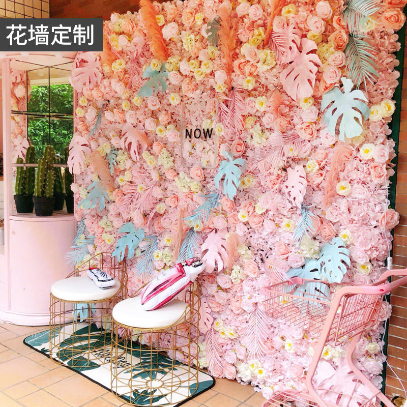 Custom] Simulation flower wall background wall Wedding flower simulation plant wall Rose silk flower net red shop window decoration wall