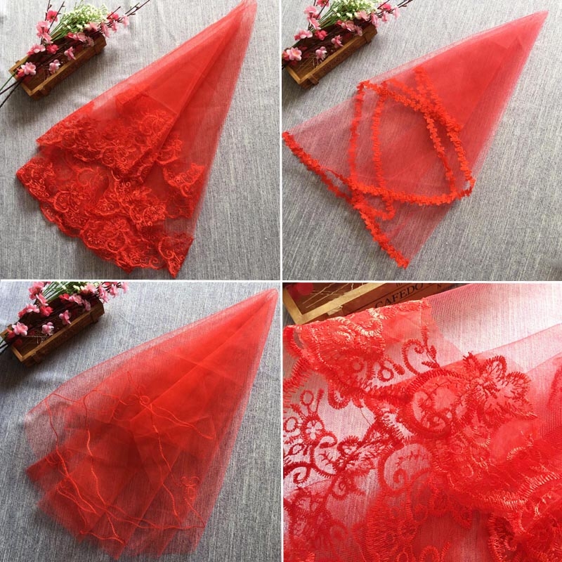 New red bridal head yarn Chinese wedding wedding lace lace bridal wedding dress embroidery Short-style head yarn 1 5 m long