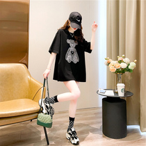 2021 summer new stick drill cartoon printed round collar short sleeve T-shirt with long pregnant woman loose blouse for covering the Korean version