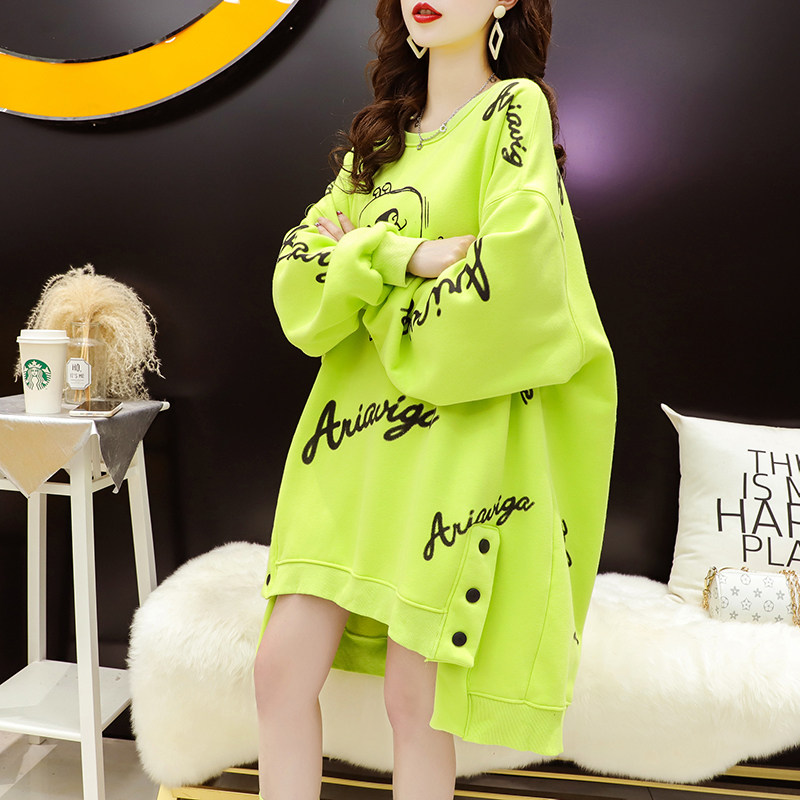 Korean version loose with large size print button Medium Long Version Fall Thin pregnant woman covered with long sleeve T-shirt female