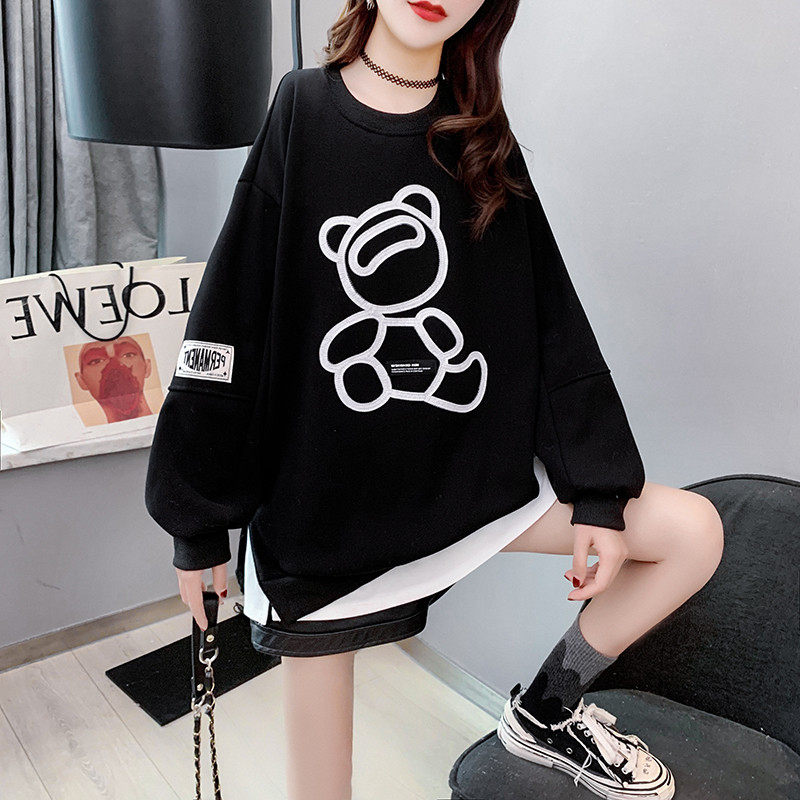2021 Spring and Autumn pregnant women loose top cover belly Korean version cartoon embroidery Spring and Autumn thin section long-sleeved round neck thick cotton T woman