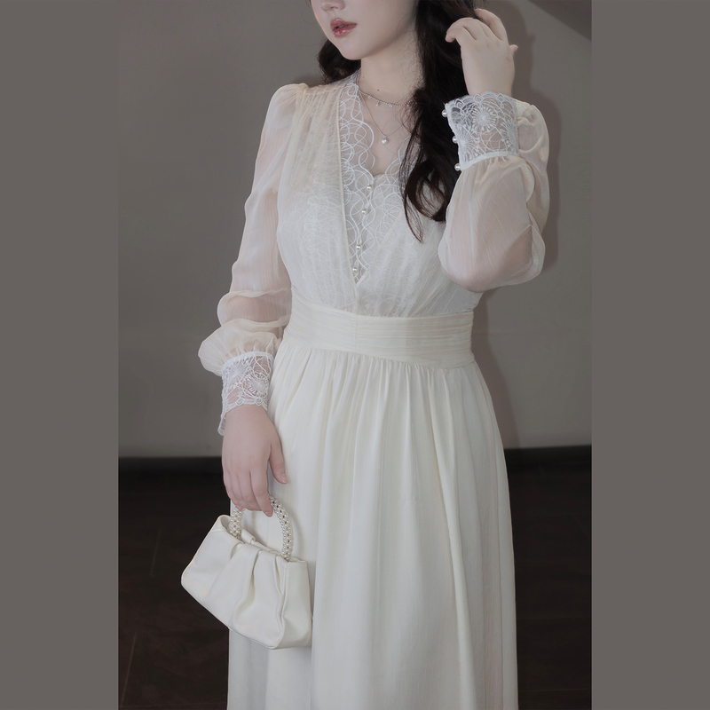 Plus-Size Women's Clothing [Moonlight Lace] French-Style Gentle Temperament Lace Long-Sleeve Dress for Plus-Size Women Q8892