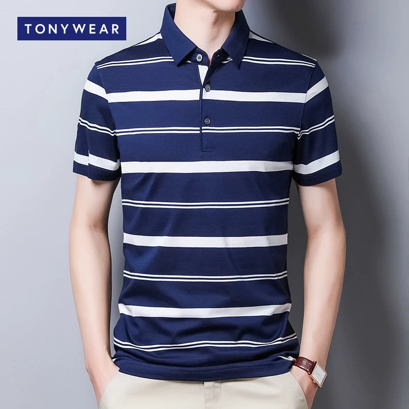 TONY WEAR/ Весна и лето мужской поло с лацканом-лапелем из шелка холодного оттенка с короткими рукавами в полоску темно-синий