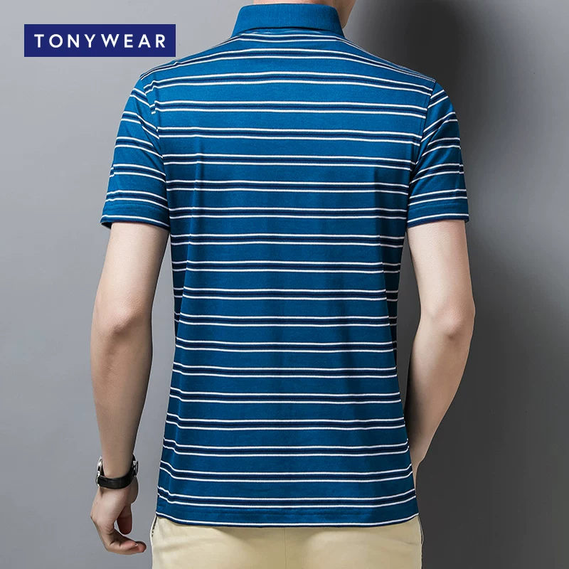 TONY WEAR/ Весна и лето мужской поло с лацканом-лапелем из шелка холодного оттенка с короткими рукавами в полоску темно-синий