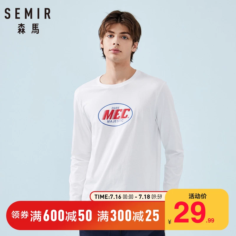 Semir chính thức lưu trữ áo thun nam dài tay mùa xuân 2019 mới áo thun cổ tròn chạm đáy áo đen quần áo nam hàng đầu - Áo phông dài