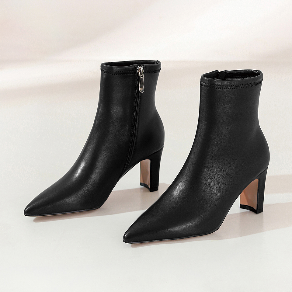 Women's sheepskin short boots 2022 autumn and winter thick heel retro single boot pointed toe work high heel nude boots plus velvet real soft leather boots