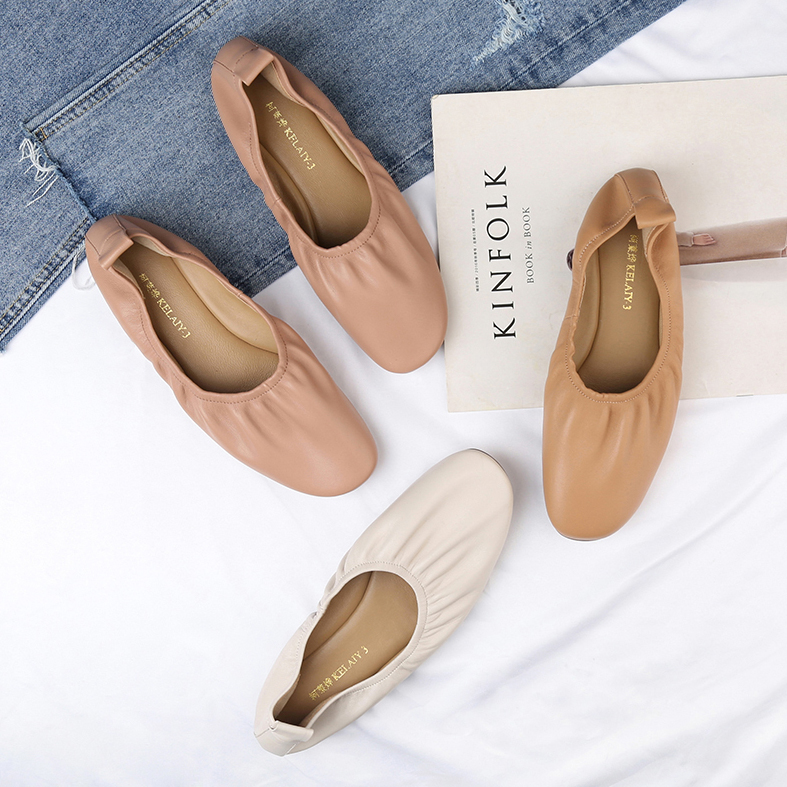 Baby Goat Leather Grandma Shoes Woman 2023 Genuine Leather Retro Ballet Flat Bottom Dancing Single Shoe Big Code Soft Leather Egg Curl Bean Shoes 