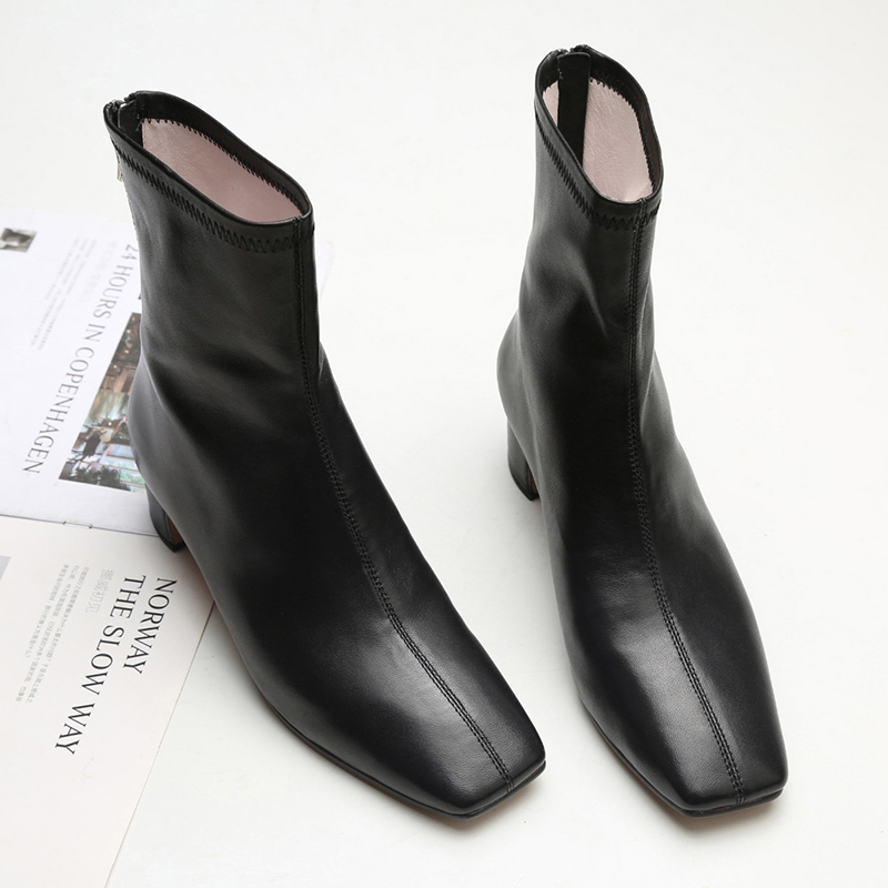 Xu Xiansen French niche thick heel short boots women's middle heel square toe thin boots leather black zipper short boots single boots