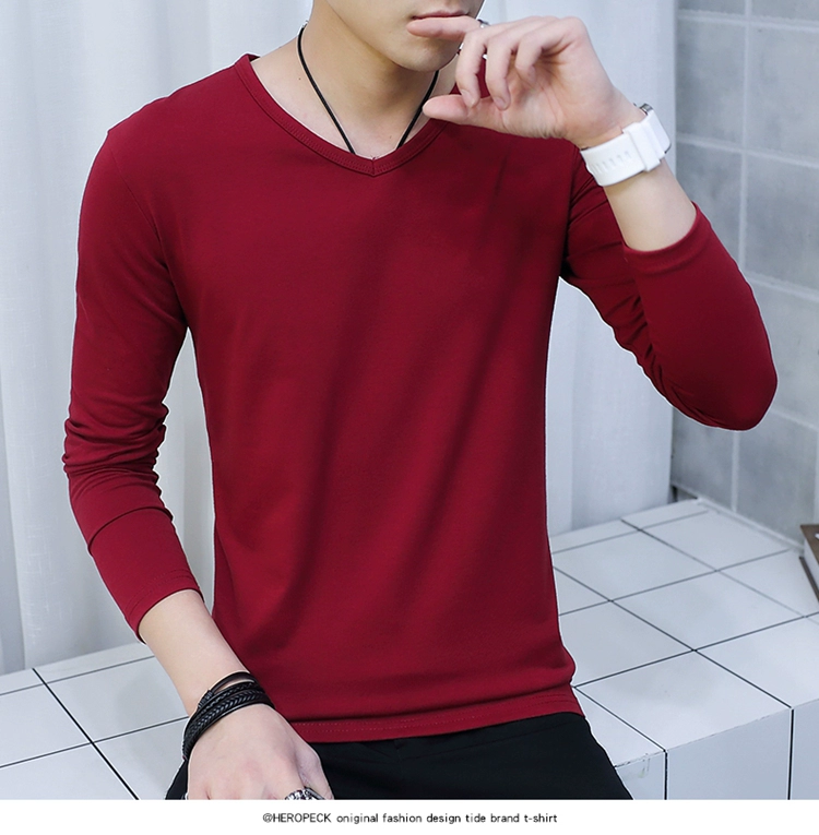 Cotton nguyên chất màu trắng tinh khiết đen dài trục nam áo thun dài tay màu trắng máu tất cả màu đen cotton đơn sắc áo sơ mi nam quần áo mùa thu