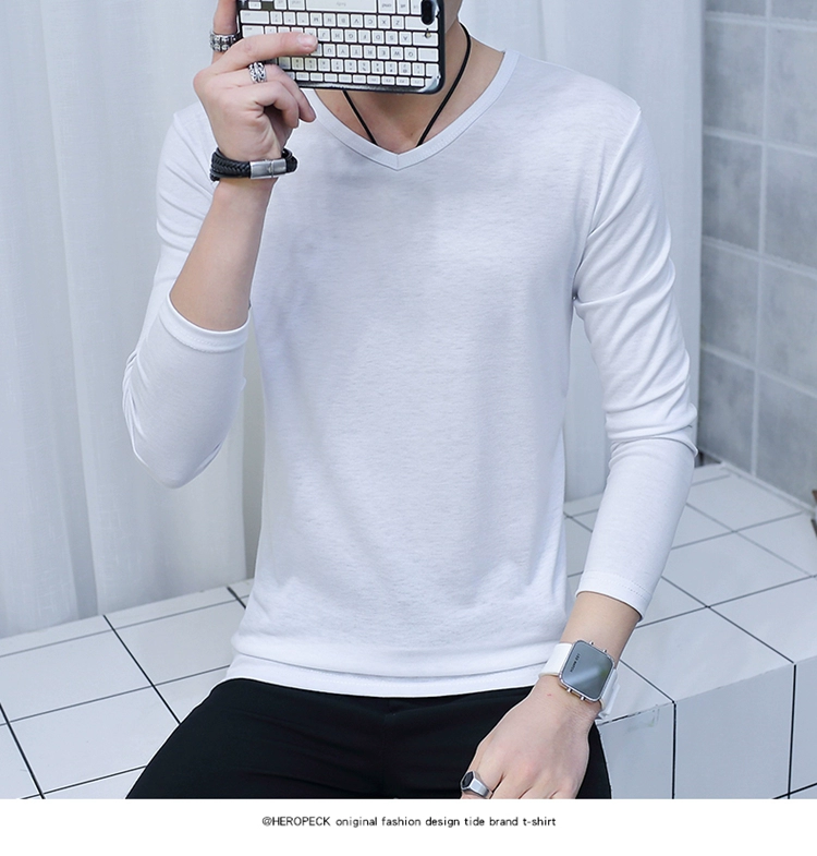 Áo thun cotton cổ chữ V màu trơn rộng tay dài tay rộng 丅 áo sơ mi nam thanh lịch mùa thu quần áo body áo đổ máu áo thun nam polo