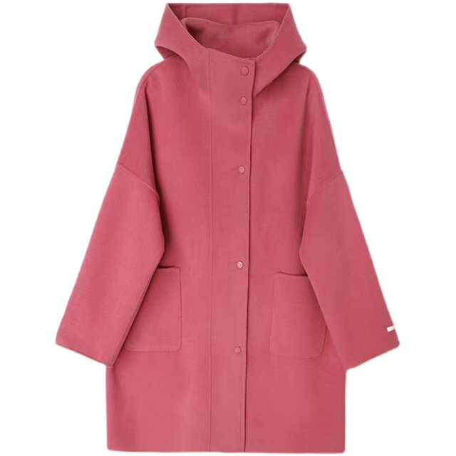 Off-season high-end double-sided cashmere coat women's mid-length 2024 new hooded loose single-breasted woolen coat