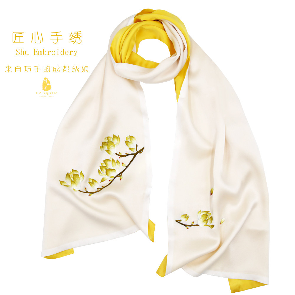 Chengdu silk real silk scarves Shu embroidered hand-embroidered scarves Chinese wind embroidered mulberry silk shawl scarves gift