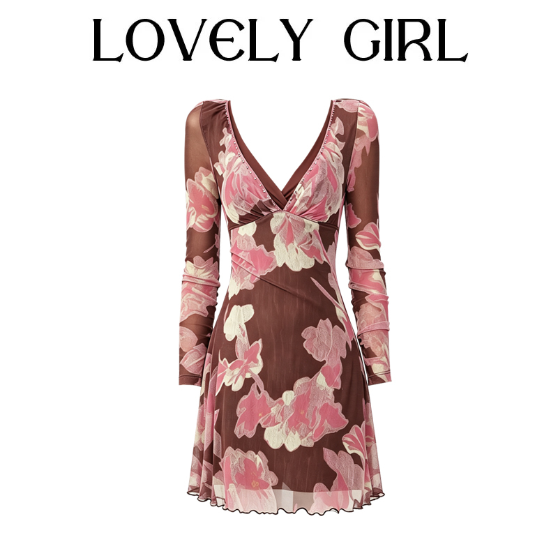 Brown Long-Sleeved Waist-Cinching Printed A-Line Mid-Length Dress for Women, Early Autumn New Style, French Retro Style Dress