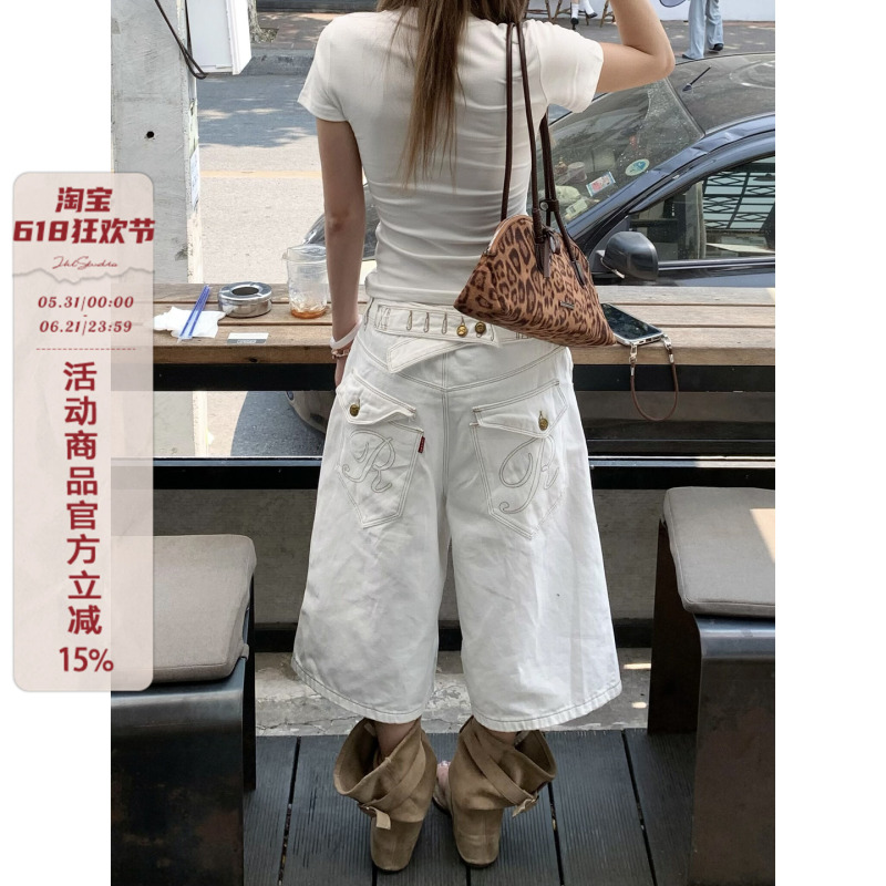 Zhl Studio American Retro Paris Buckle White Denim Cropped Pants Summer Loose Casual Shorts for Men and Women
