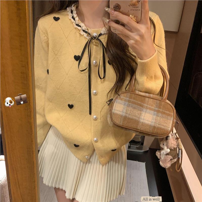 Popular Korean-Style College-Style Heart-Shaped Round-Neck Sweater in Dopamine Colors, Tie-Up Knit Cardigan for Women
