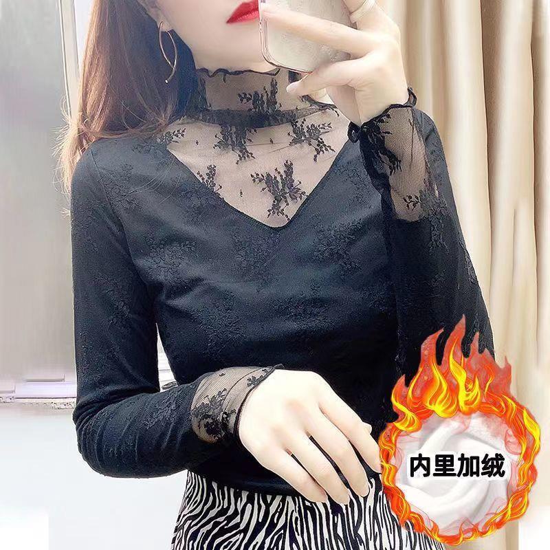 White High-Neck Lace Base Shirt for Women, Fleece-Lined, Stylish Sweater for Autumn and Winter, Lace-Lined Thickened Top White High-Neck Lace Base Shirt for Women, Fleece-Lined, Stylish Sweater for Autumn and Winter, Lace-Lined Thickened Top