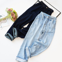 Ku Yin and other winds show slim Joker loose straight tube pants high waist cotton denim wide leg pants